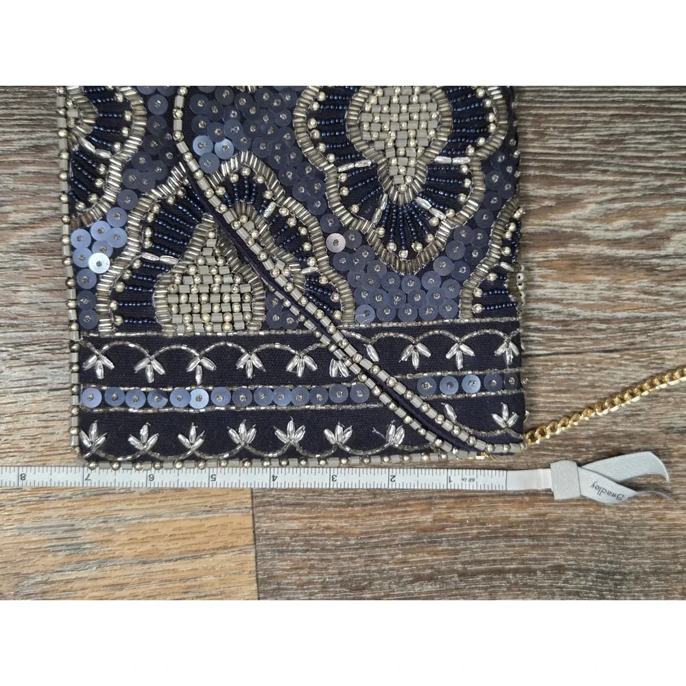 Navy Blue Beaded Sequin Envelope Clutch Bag Gold Chain Crossbody Evening Purse